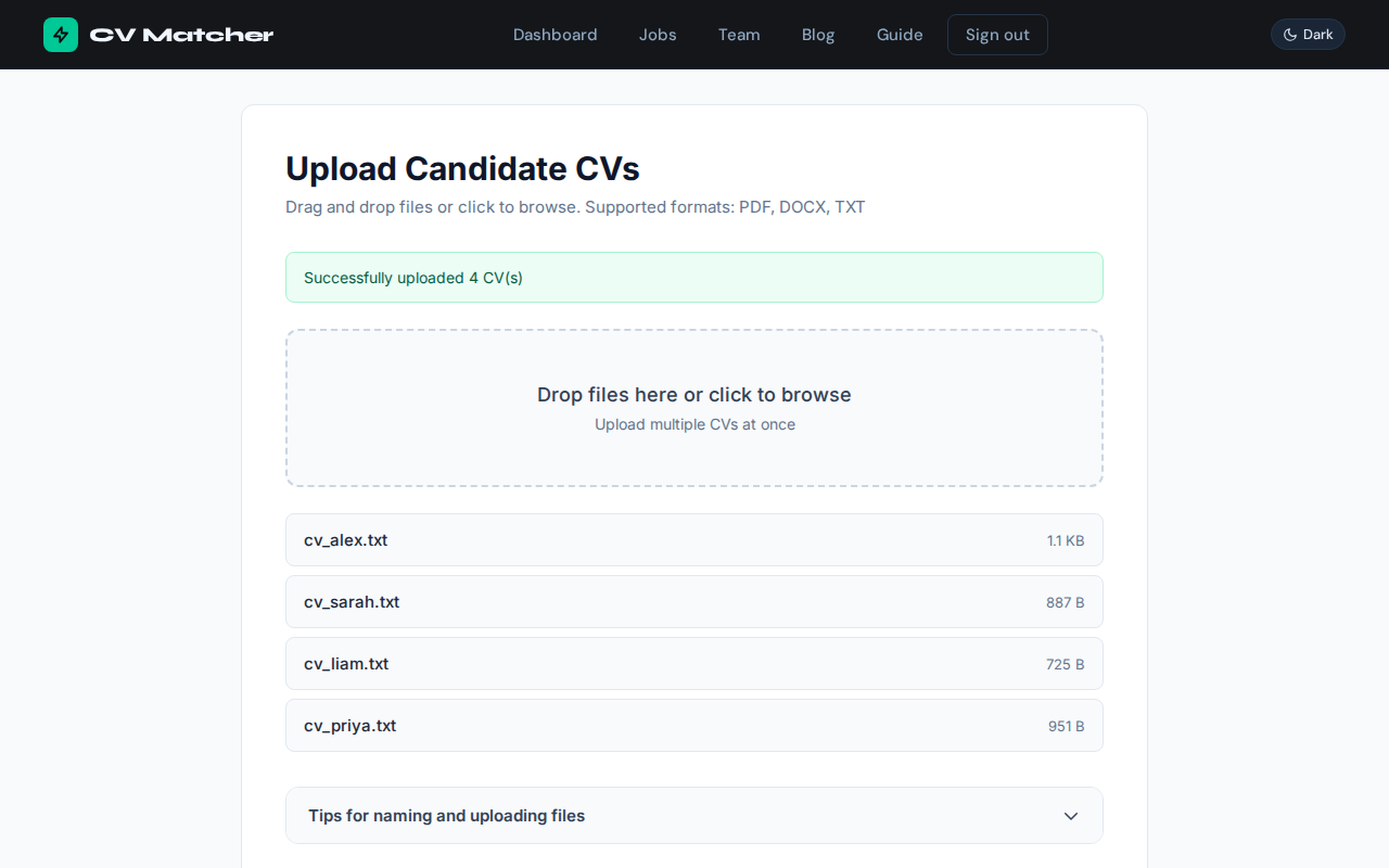 CV Matcher CV upload screen showing candidate CVs uploaded and ready to match