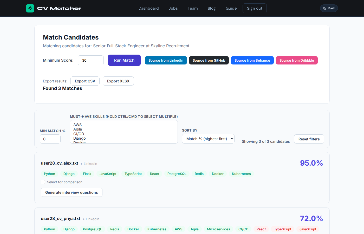 CV Matcher ranked match results showing candidate scores of 95%, 72% and 62%